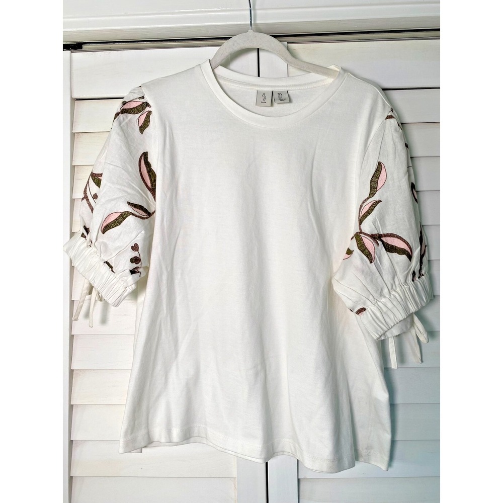 NEW Joie White Top Embroidered Puff Bow Tie Sleeve, Cotton Flax, Boho, Office L